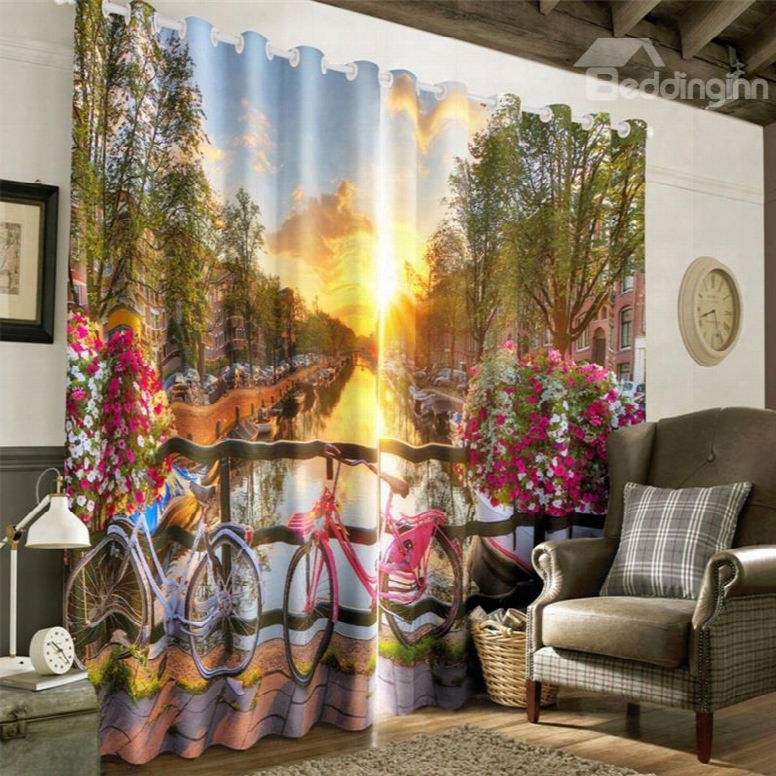 3d Bright Sunlight With Peaceful Street Printed 2 Panels Custom Living Room Curtain