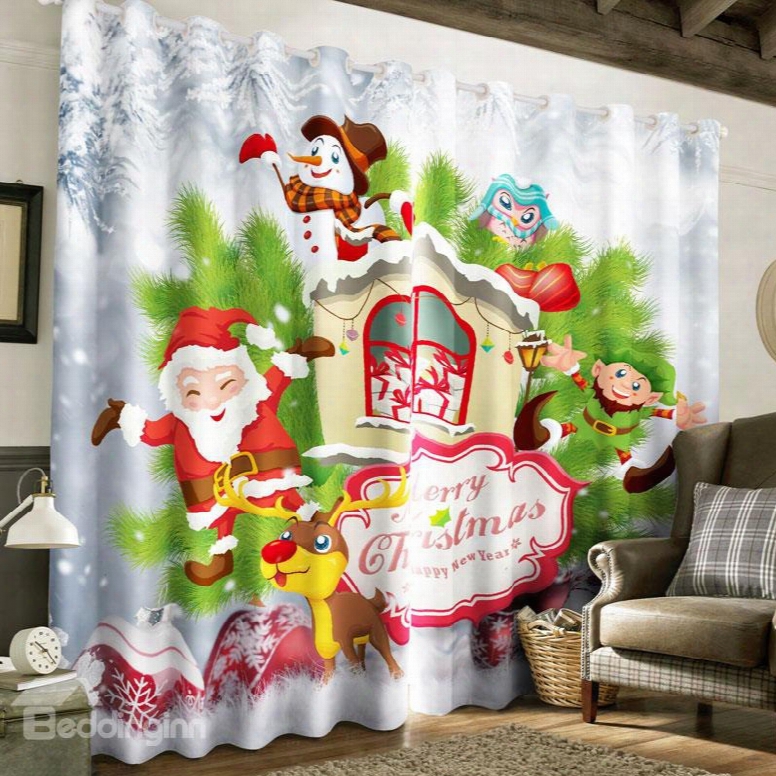 3d Cartoon Santa Claus And White Snowman Printed 2 Panels Custom Living Room Curtain