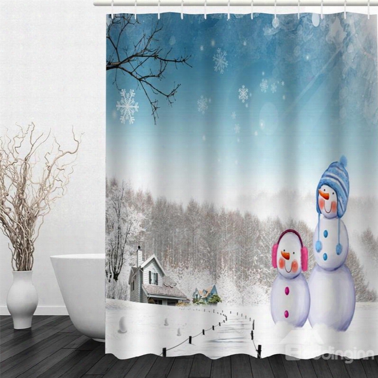 3d Christmas Snowmen Polyester Waterproof Antibacterial And Eco-friendly Shower Curtain