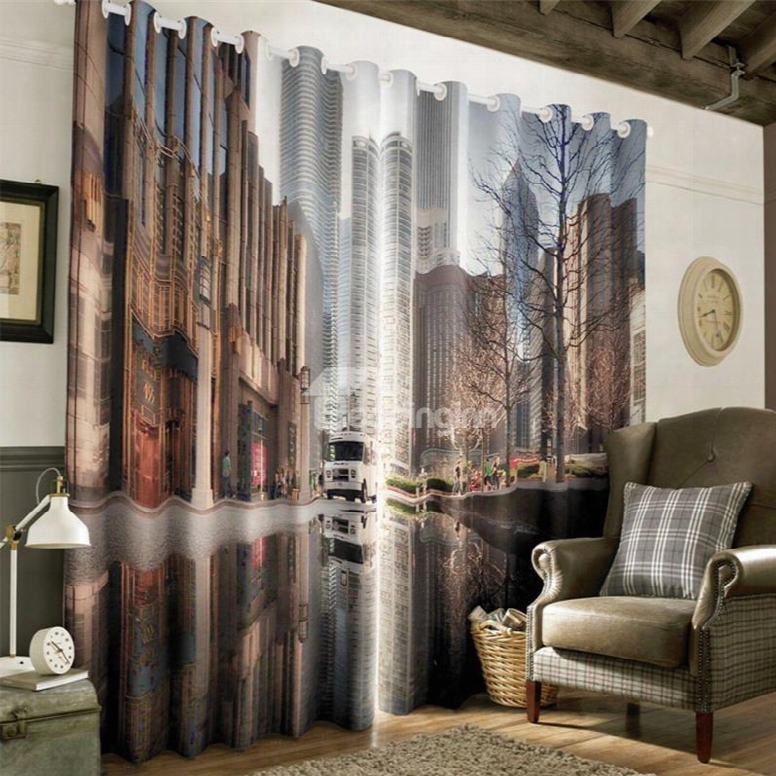 3d City Street Scenery Printed 2 Panels Decorative Cystom Curtain For Living Room
