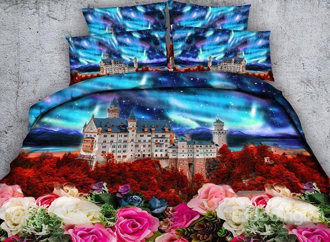 3d Colorful Floral And Castle Printed 4-piece Bedding Sets/duvet Covers