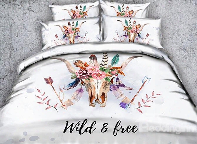 3d Cow Skull With Feathers Printd 4-piece White Bedding Sets/duvet Covers