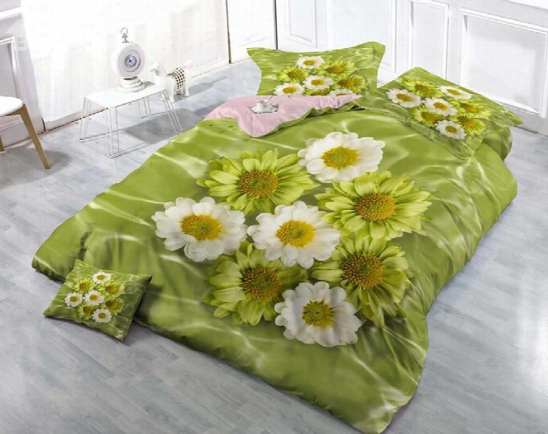 3d Daisies Printed Cotton 4-piece Luxury Green Bedding Sets/duvet Covers