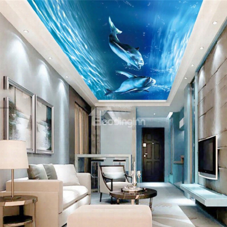 3d Dolphins In Blue Sea Printed Pvc Waterproof Durable And Eco-friendly Ceiling Murals