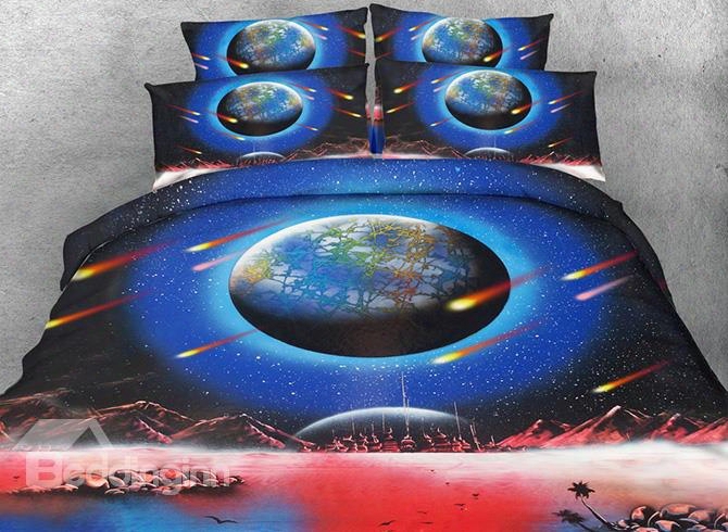 3d Earth And Meteor Shower Printed Cotton 4-piece Bedding Sets/duvet Covers