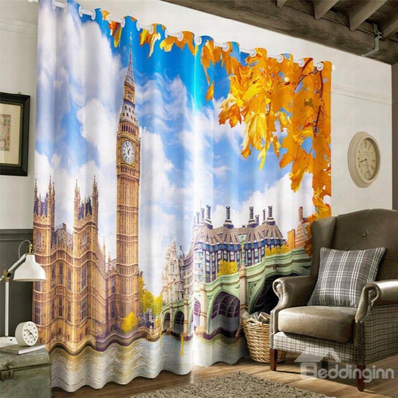 3d  English Big Ben And Yellow Leaves Printed Custom Curtain For Living Room