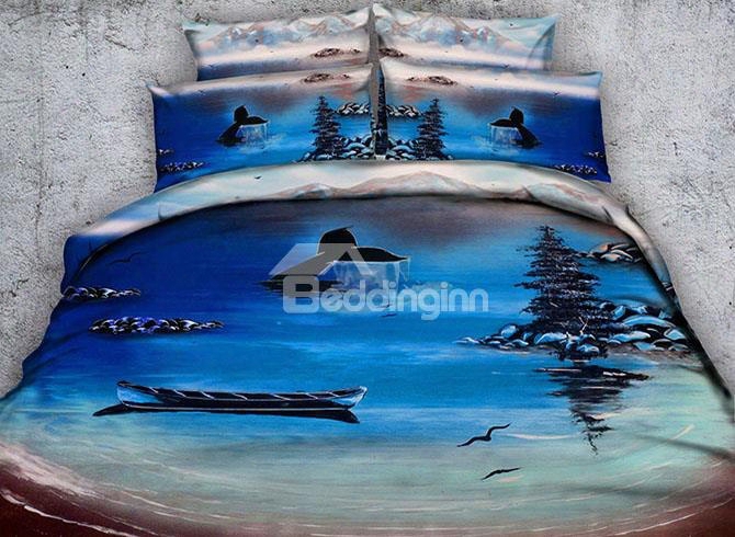 3d Fish Tail And Boat Printed 4-piece Bleu Bedding Sets/duvet Covers