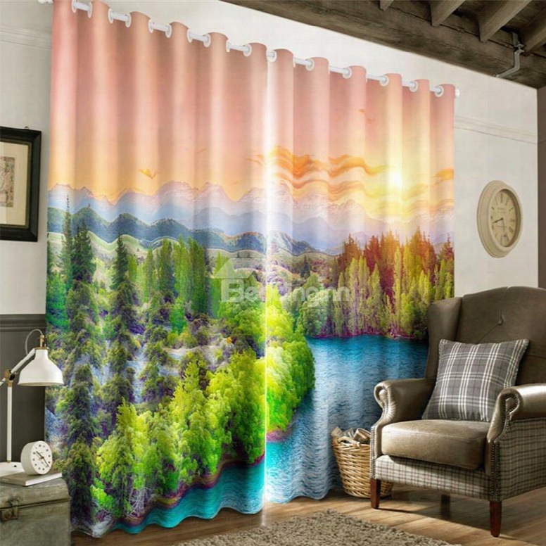 3d Flowing River And Broad Pine Forest Printed 2 Panels Living Room Blackout Curtain