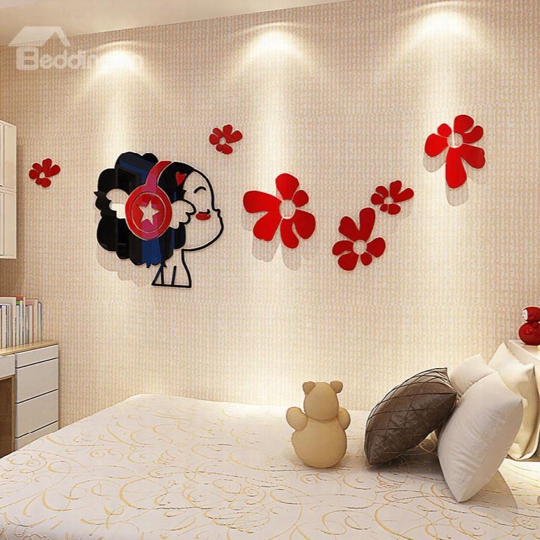 3d Girl With Earphone Mics Acrylic Waterproof Sturdy And Eco-friendly Self-adhesive Wall Stickers