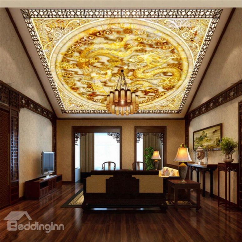 3d Golden Dragons Printed Pvc Waterproof Sturdy Eco-friendly Self-adhesive Ceiling Murals