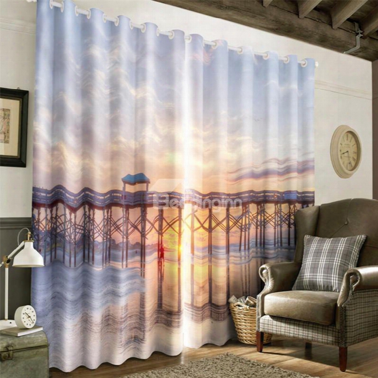 3d Grand Bridge On The Broad Sea Printed Living Room And Bedroom Decorative Curtain