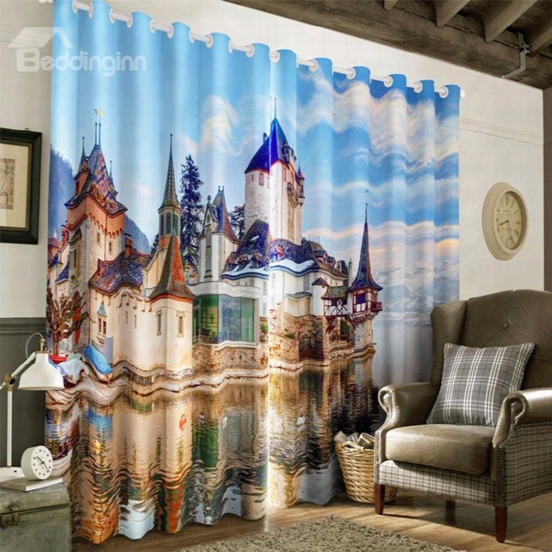 3d Grand House In The Water Printed 2 Panels Decorative Custom Living Room Curtain