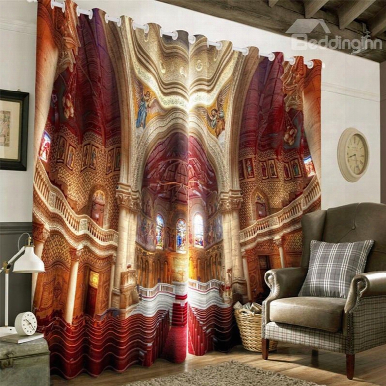 3d Grandiose Church And Artificial Statue Printted Custom Curtain For Living Room