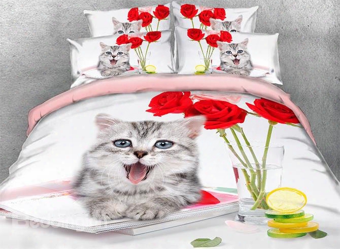 3d Gray Kitten And Red Roses Printed 4-piece Bedding Sets/duvet Covers