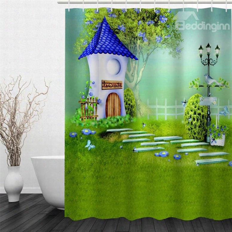 3d Green Lawn House Polyester Waterproof Antibacterial And Eco-friendly Shower Curtain