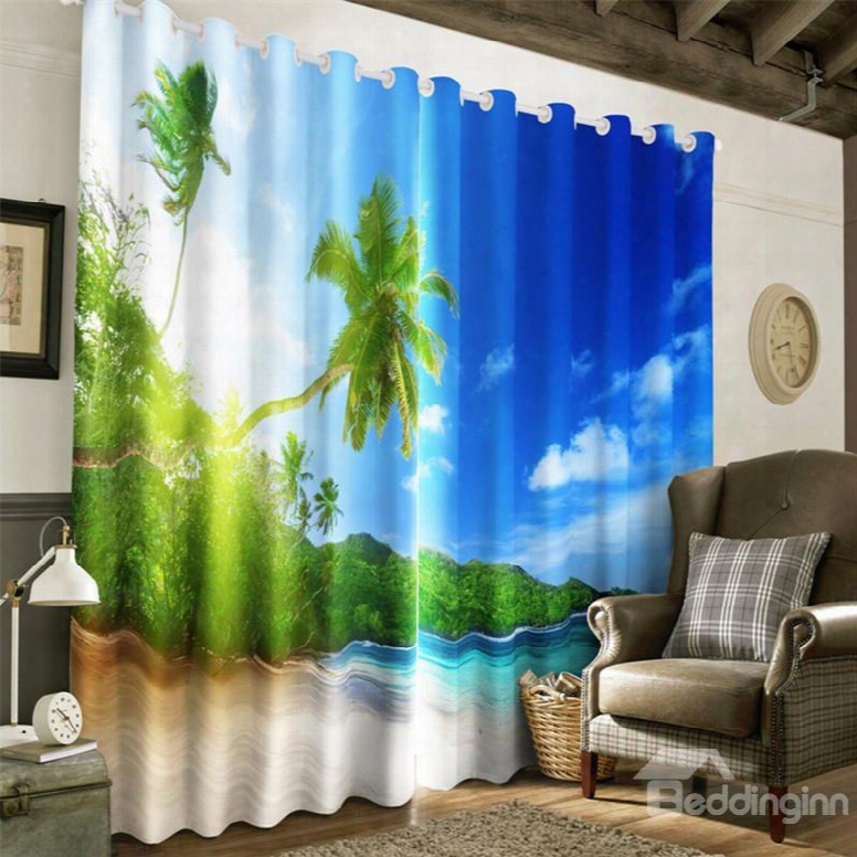 3d Green Palm Trees And Clean Sea With Blue Sky Printed 2 Panels Living Room Curtain