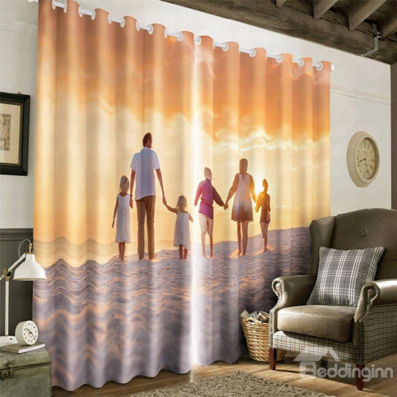 3d Happy Family On The Beach Printed 2 Panels Decorative Window Curtain