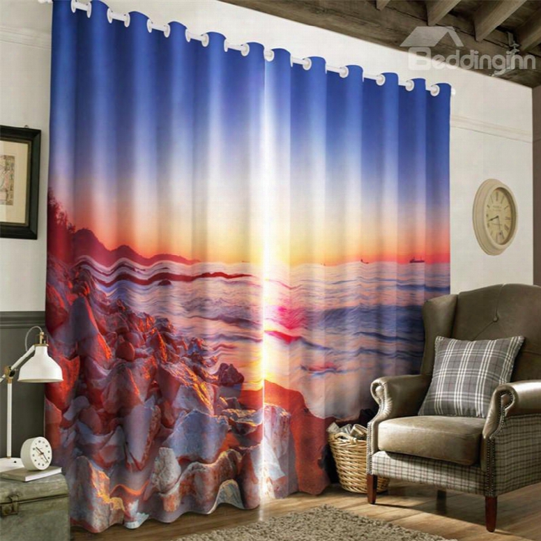 3d Hard Stones And W Aves Under Sunset Glow Printed Blackout Living Room Curtain