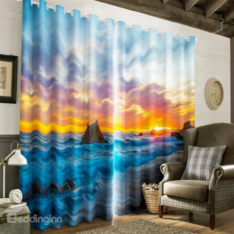 3d Huge Stones In The Broad Sea Printed 2 Panels Living Rooom Shading Cloth