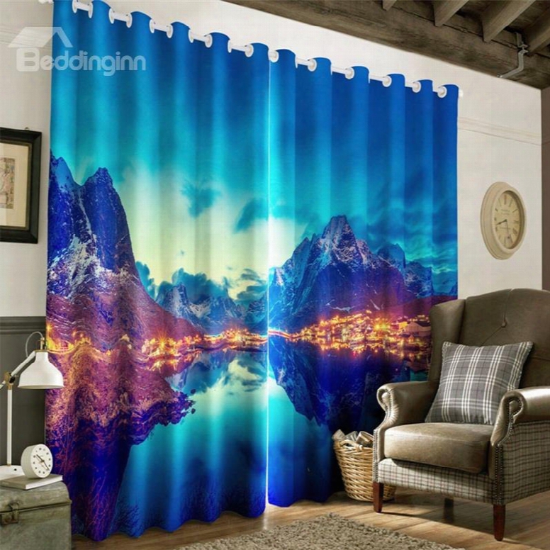 3d Limpidlake And Villages In Valley Printed Natural And Pastoral Style Living Room Curtain