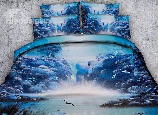 3d Mountain Stream Printed 4-piece Blue Bedding Sets/duvet Covers