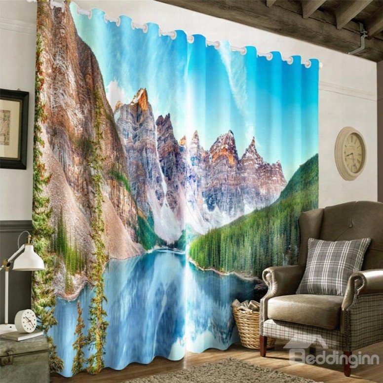 3d Naked Mountains And Small River Printed Living Room And Study Room Curtain