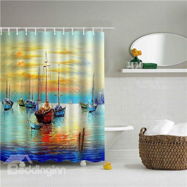 3d Oil Painting Boats In The River Printed Polyester Bathroom Shower Curtain