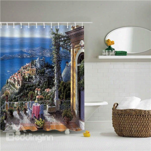 3d Oil Painting City Nearby The Sea Printed Polyester Bathroom Shower Ucrtain