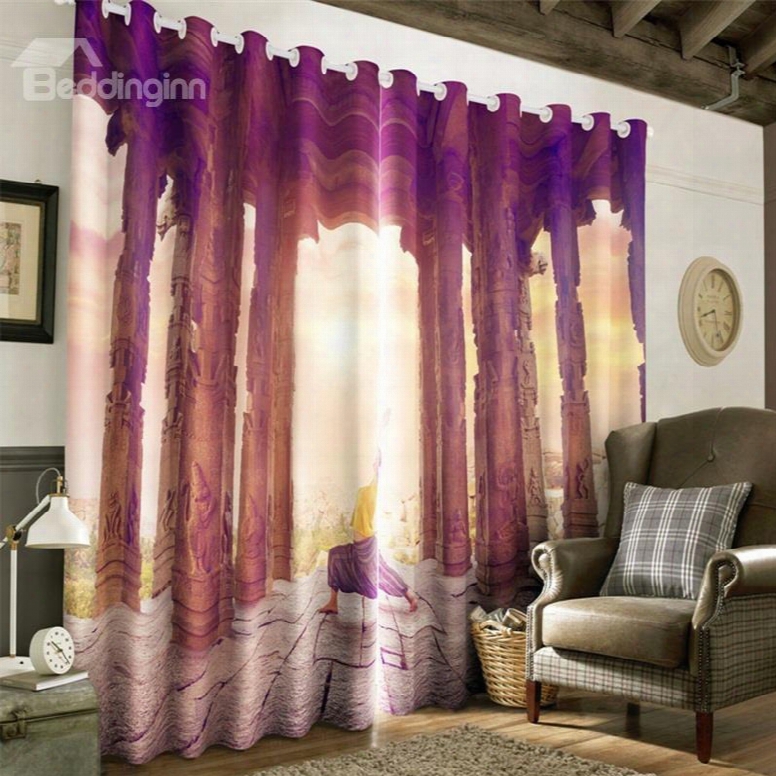 3d Old Stone Columns Printed Artificial Scenery 2 Pieces Living Room Curtain