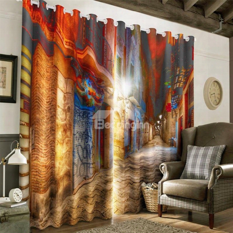3d Peaceful Street And Soft Light Night Scenery Printed Custom Curtain For Living Room
