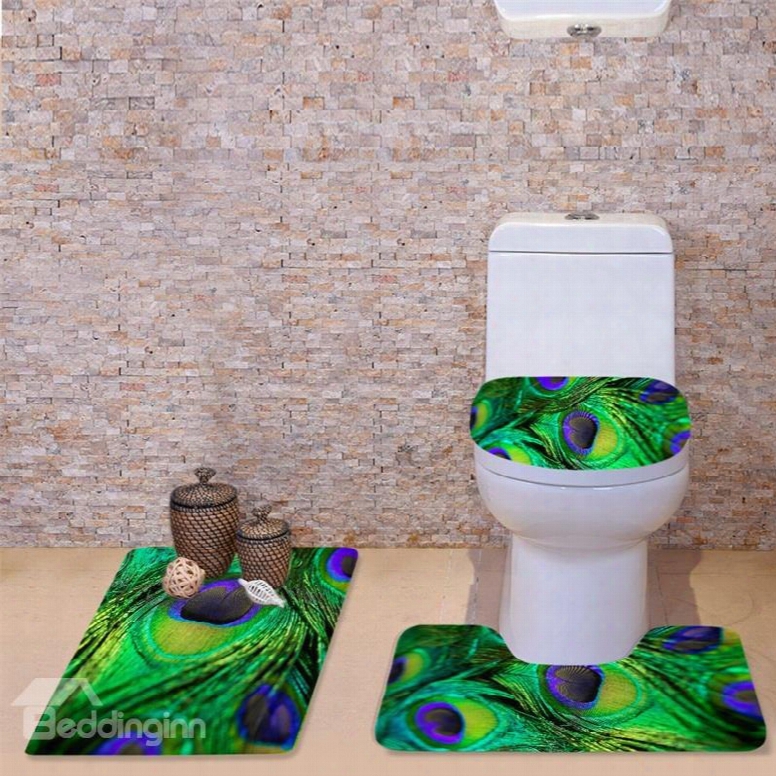 3d Peacock Feather Printed Flannel 3-piece Green Toilet Seat Cover