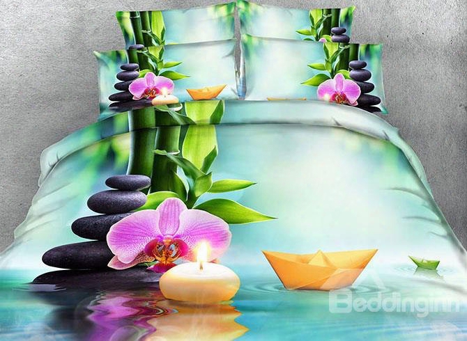 3d Phalaenopsis And Paper Boat Printed 4-piece Bedding Sets/duvet Covers