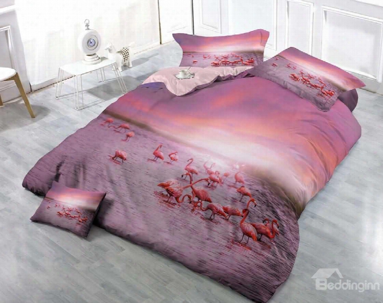 3d Pink Flamingo Printed Cotton 4-piece Luxury Bedding Sets/duvet Covers