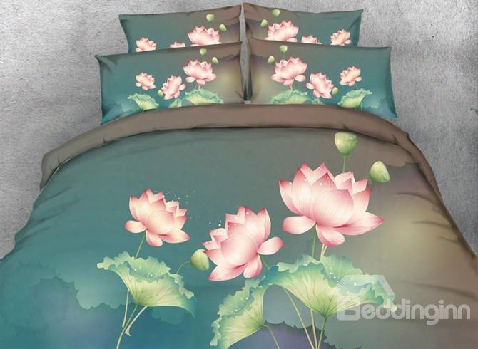 3d Pink Lotus Print 5-piece Comforter Sets