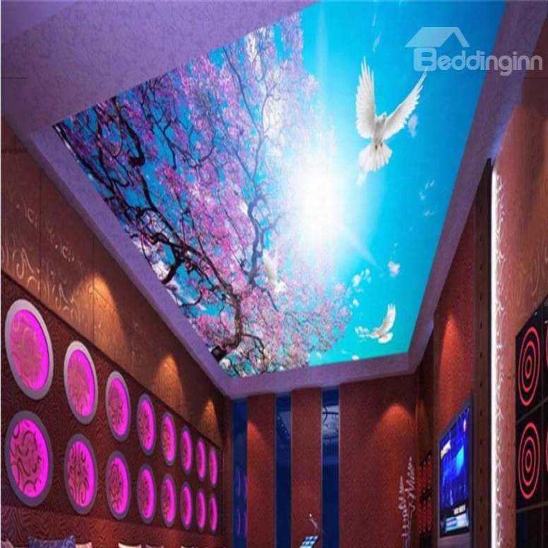 3d Purple Flowers Dove Printed Waterroof Durable And Eco-friendly Ceiling Murals