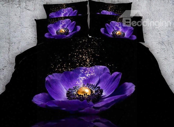 3d Purple Poppy And Pearl Printed 4-piece Black Bedding Sets/duvet Covers