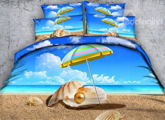 3d Rainbow Colored Umbrella And Shells Printed Cotton 5-piece Comforter Sets
