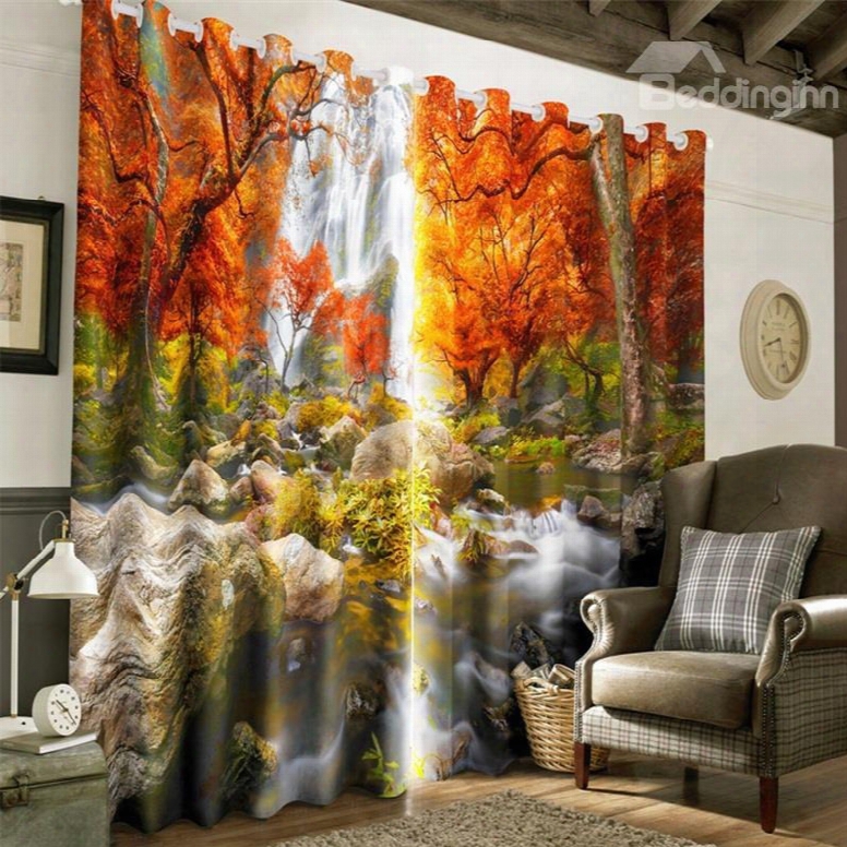 3d Red Leaves And Limpid River Printed Autumn Scenery Custom Window Curtain