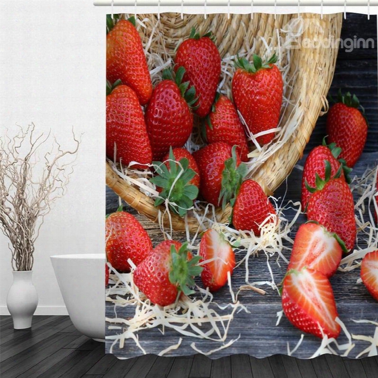 3d Red Strawberries Printed Polyeester Waterproof Antibacterial And Eco-friendly Shower Curtain