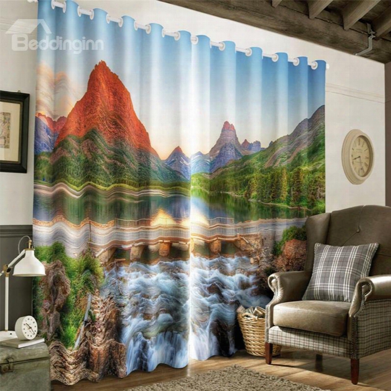 3d Red Top Mountain And Peaceful Lake Printed 2 Panels Living Room And Study Room Curtain