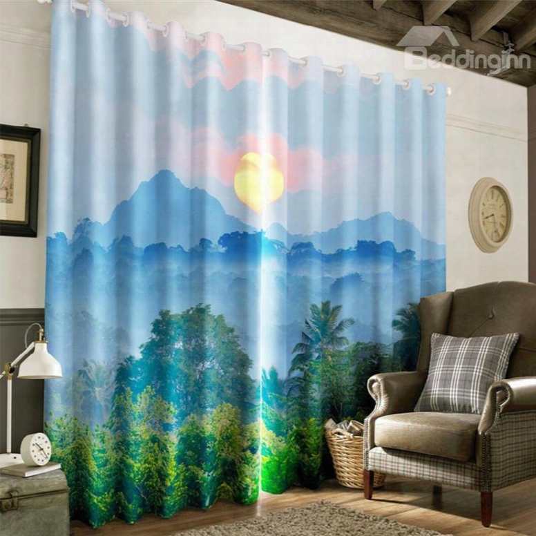 3d Rolling Mountains And Green Plants Printed 2 Panels Decorative And Blackout Curtain