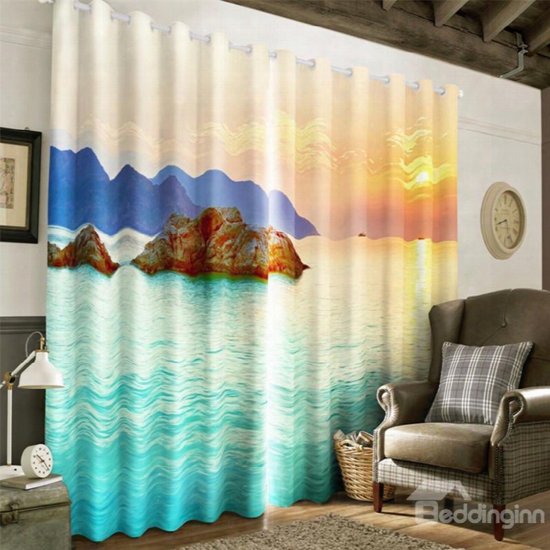 3d Rolling Mountains And Limpid Water Printed Sea Scenery 2 Panels Window Curtain