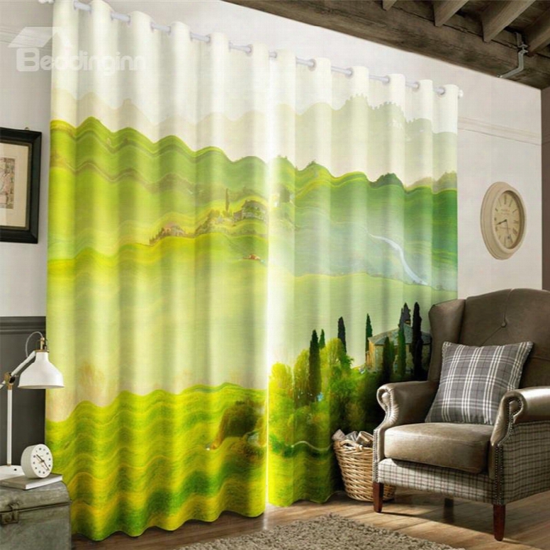 3d Rolling Mountains And Verdant Grass Printed Decorative And Heat Insulation Drapes