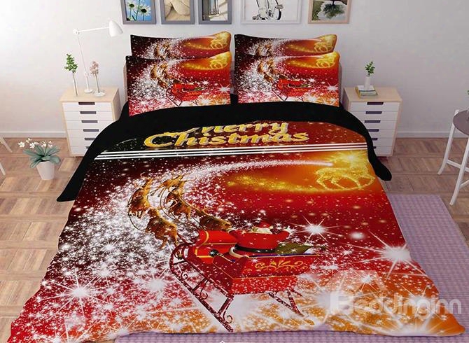 3d Santa With Sleigh And Reindeer Printed Polyester 4-piece Bedding Sets/duvet Covers