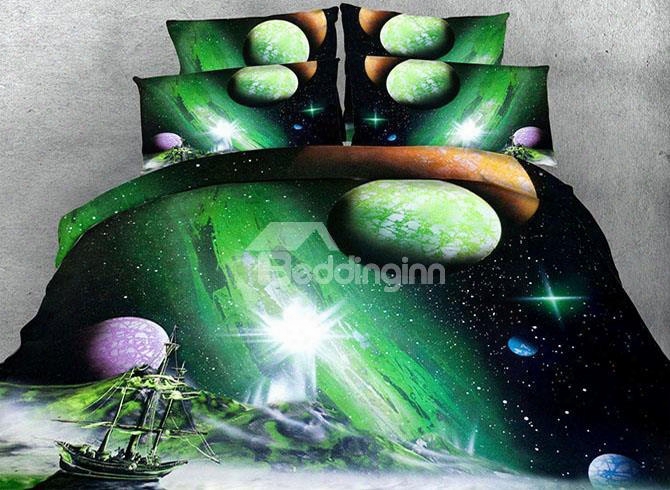 3d Ship And Galaxy Printed 4-piece Green Bedding Sets/duvet Covers