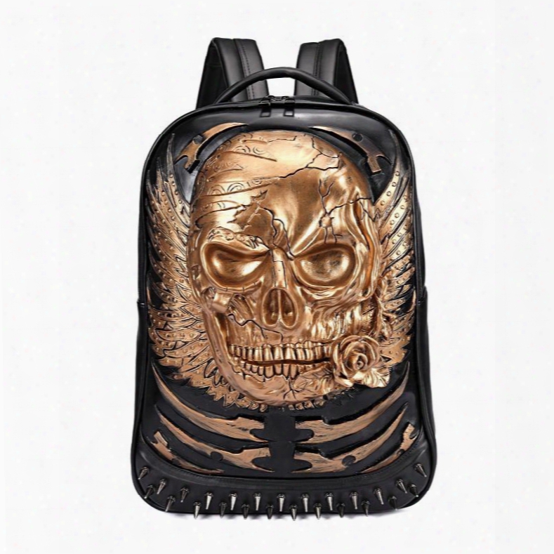 3d Skull Angel Wing Studded College Backpack Pu Leather Shoulder Bag