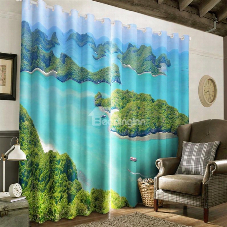 3d Small Islands In The Blue Sea Printed Living Room Decorative And Blackout Window Drapes