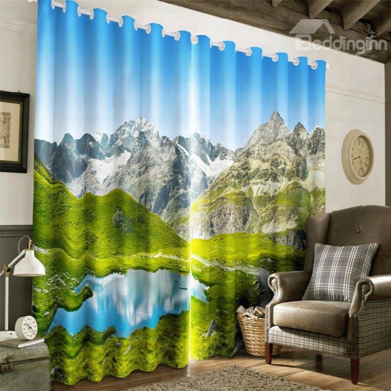 3d Small Lake In Huge Rolling Hills Printed Grand Natural Beauty Printed Grommet Top Curtain