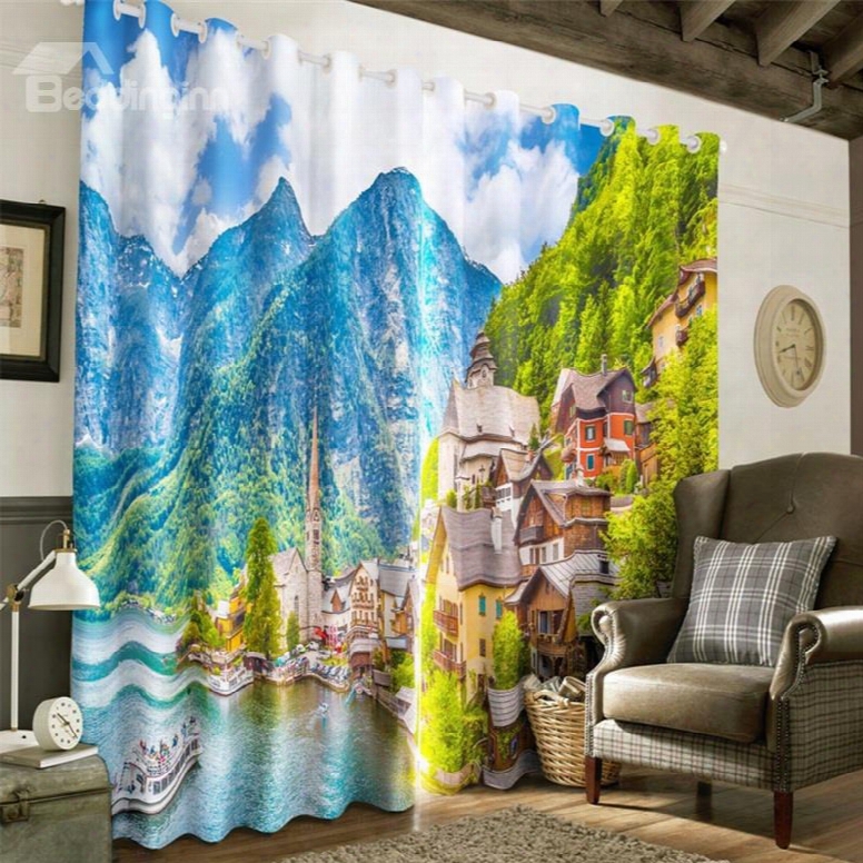 3d Small Villages And Limpid Lake And High Mountains Printed Room Darkening Thermal Insulated Curtain