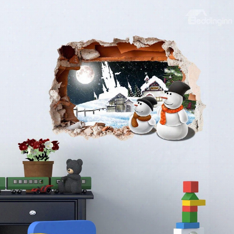 3d Snowy Cabins Snowmen Moon Pvc Wterproof Eco-friendly Self-adhesive Wall Stickers